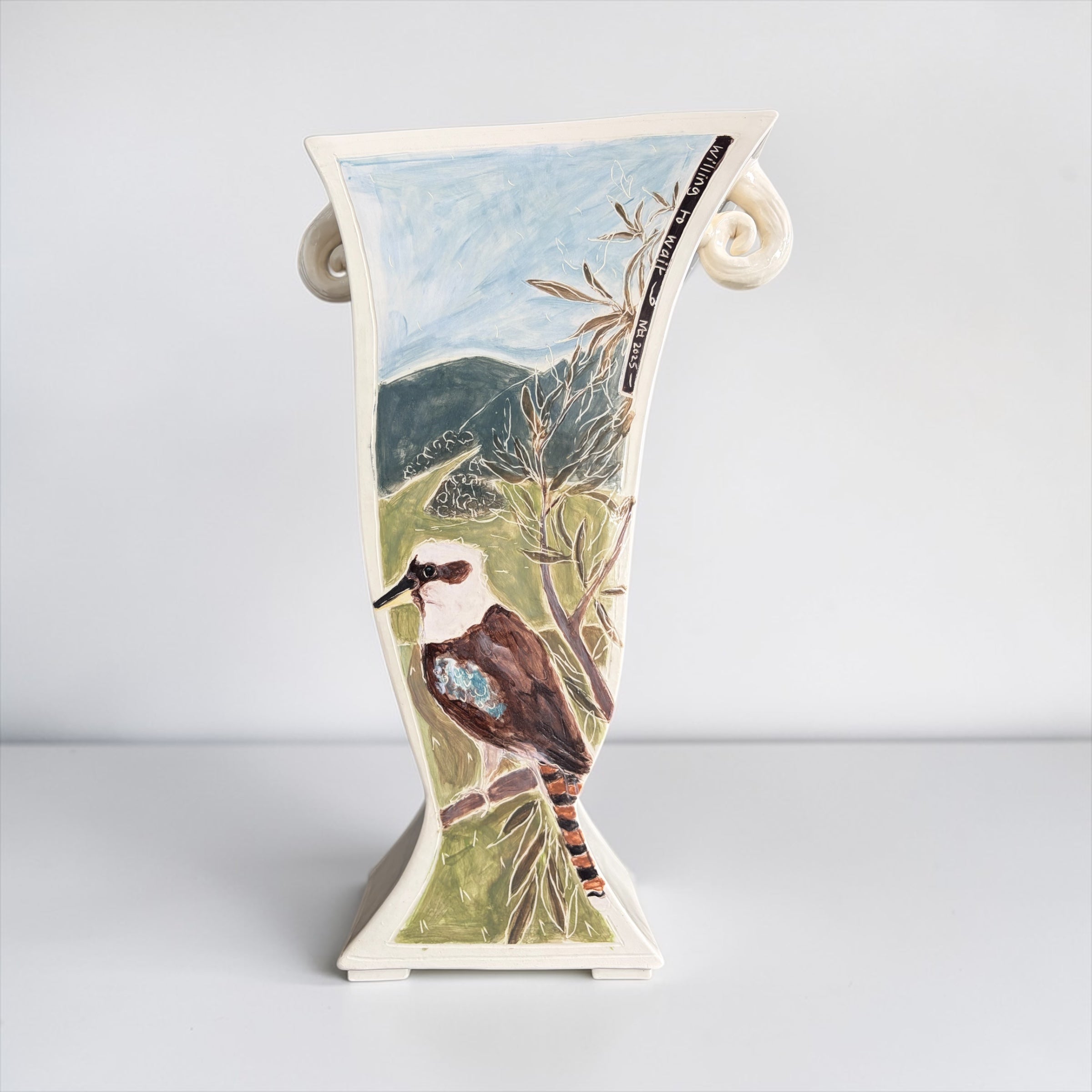 Tall Slanted Vase with Kookaburra "Willing to Wait"
