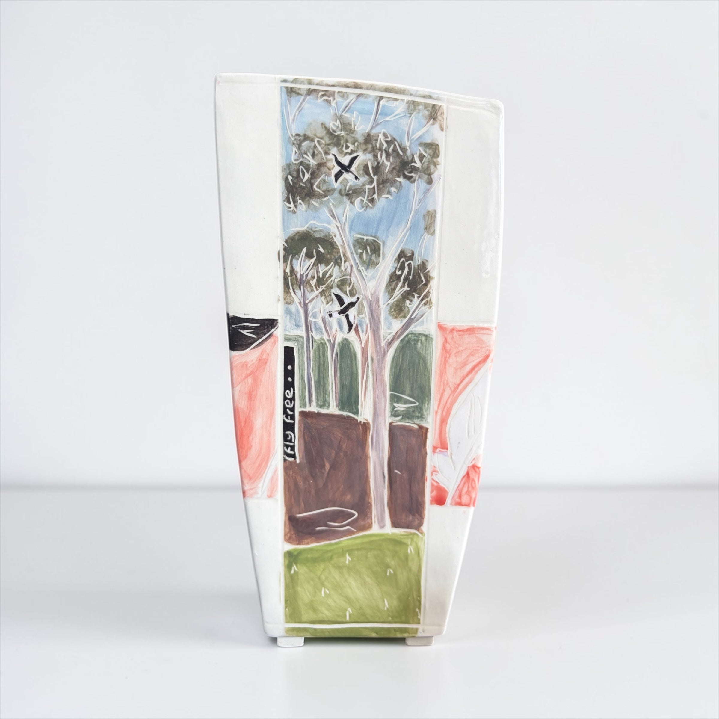 Medium Slanted Vase with Magpie "Fly Free"